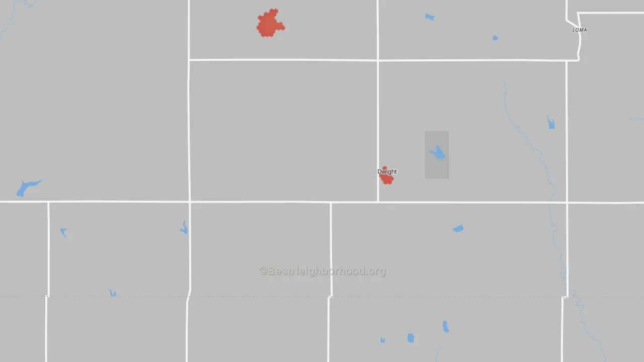 Walk Grade map of Dwight, NE, walkable areas in green and car-dependent areas in red