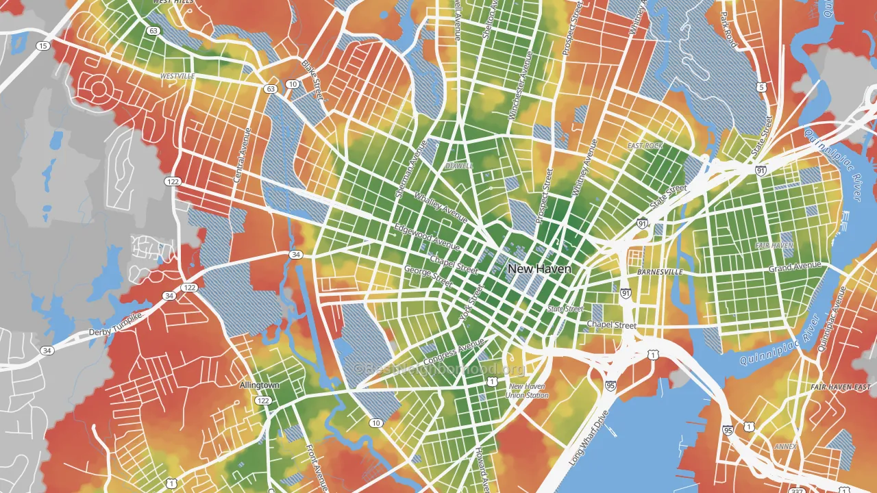 Walk Grade map of Dwight, New Haven, CT, walkable areas in green and car-dependent areas in red
