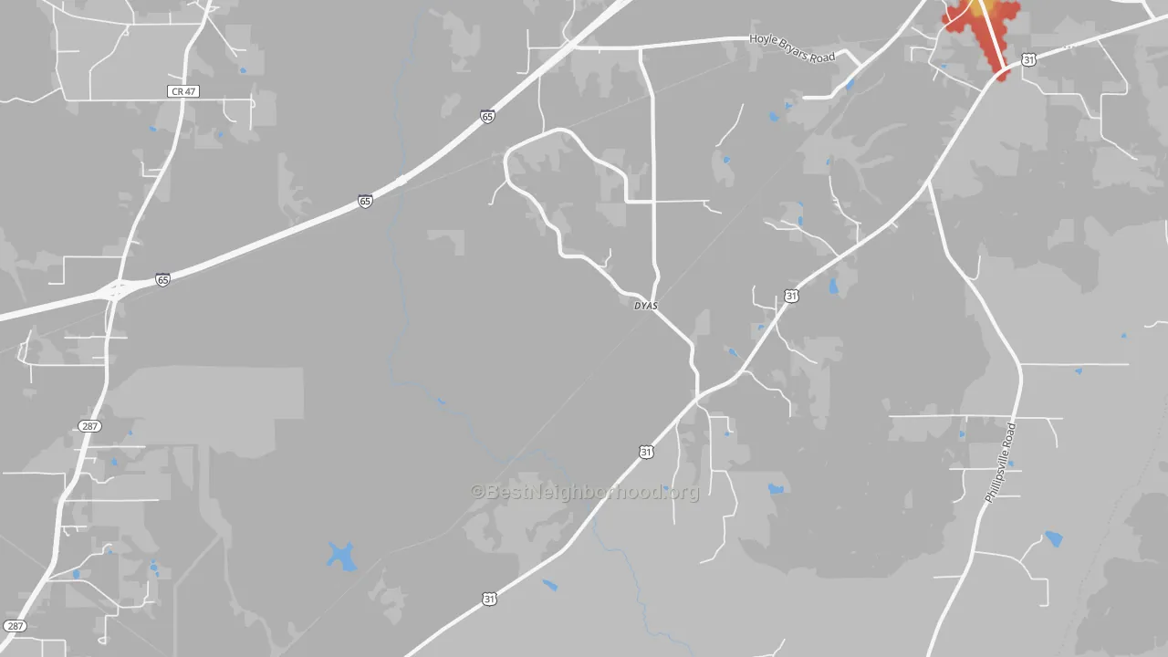 Walk Grade map of Dyas, AL, walkable areas in green and car-dependent areas in red