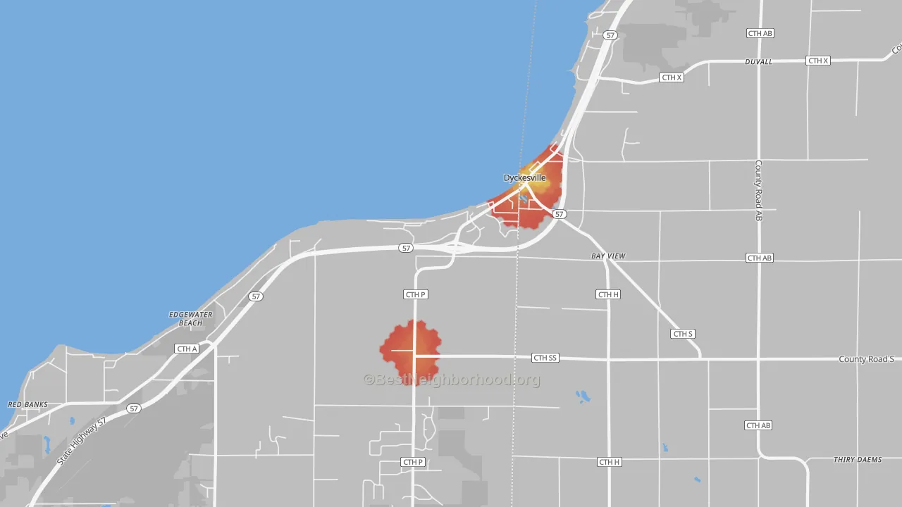 Walk Grade map of Dyckesville, WI, walkable areas in green and car-dependent areas in red