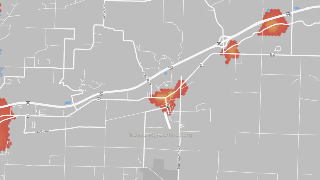 Walk Grade map of Dyer, AR, walkable areas in green and car-dependent areas in red