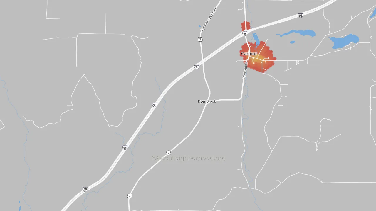 Walk Grade map of Dyer Brook, ME, walkable areas in green and car-dependent areas in red