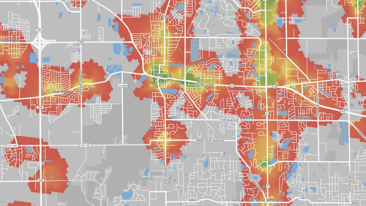 Walk Grade map of Dyer, IN, walkable areas in green and car-dependent areas in red
