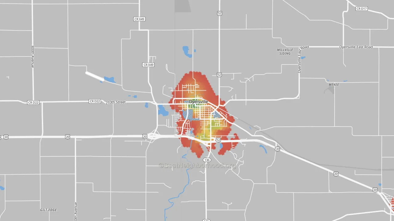 Walk Grade map of Dyersville, IA, walkable areas in green and car-dependent areas in red