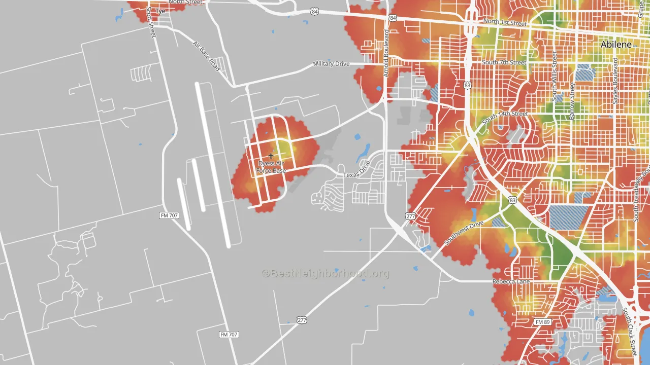Walk Grade map of Dyess Afb, TX, walkable areas in green and car-dependent areas in red