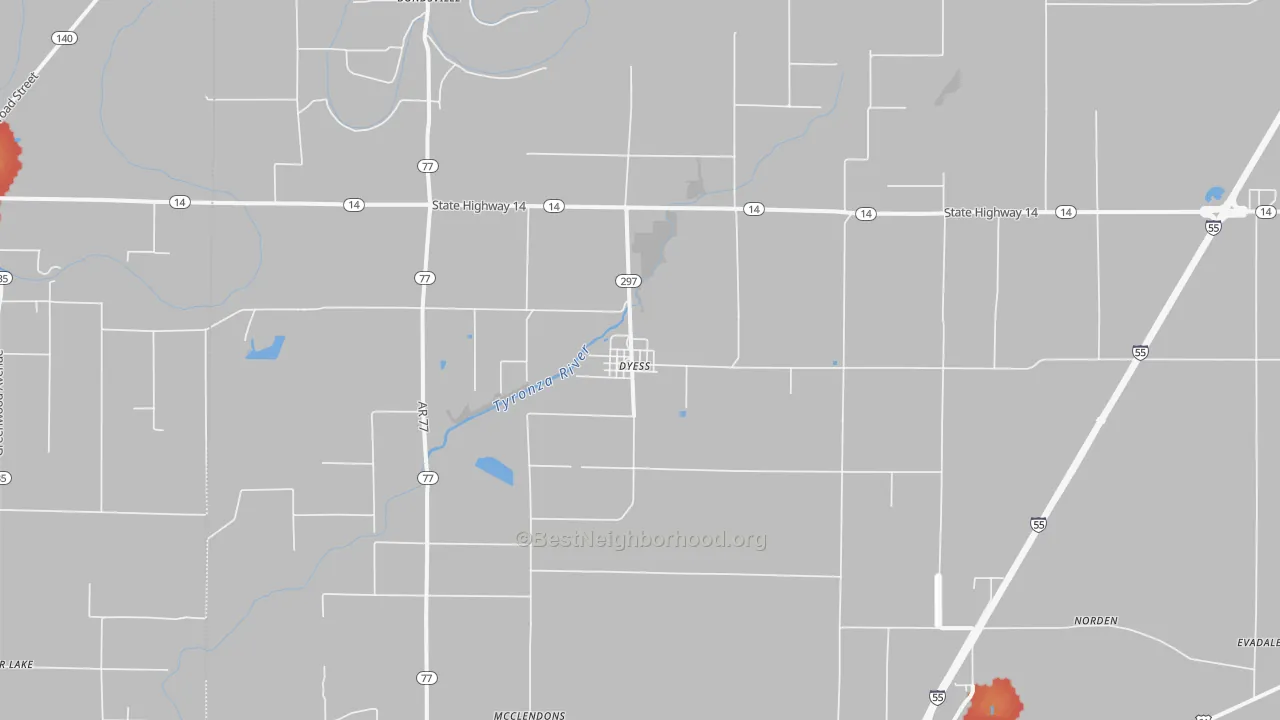 Walk Grade map of Dyess, AR, walkable areas in green and car-dependent areas in red