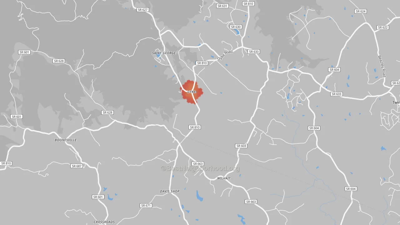 Walk Grade map of Dyke, VA, walkable areas in green and car-dependent areas in red
