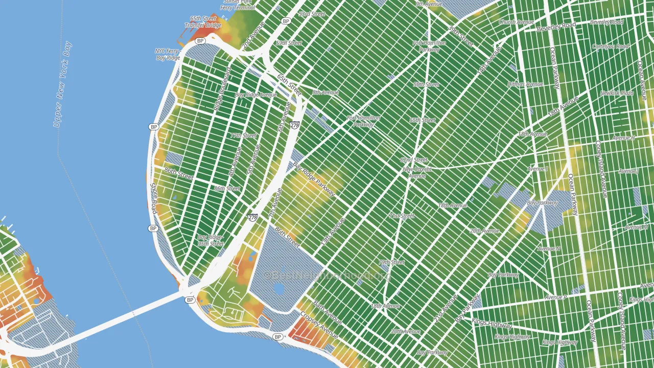 Walk Grade map of Dyker Heights, Brooklyn, NY, walkable areas in green and car-dependent areas in red