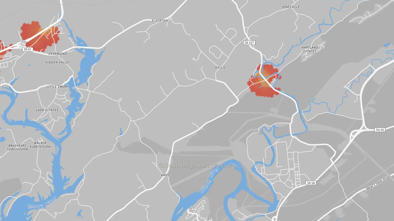 Walk Grade map of Dyllis, TN, walkable areas in green and car-dependent areas in red