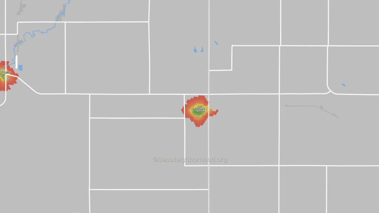 Walk Grade map of Dysart, IA, walkable areas in green and car-dependent areas in red