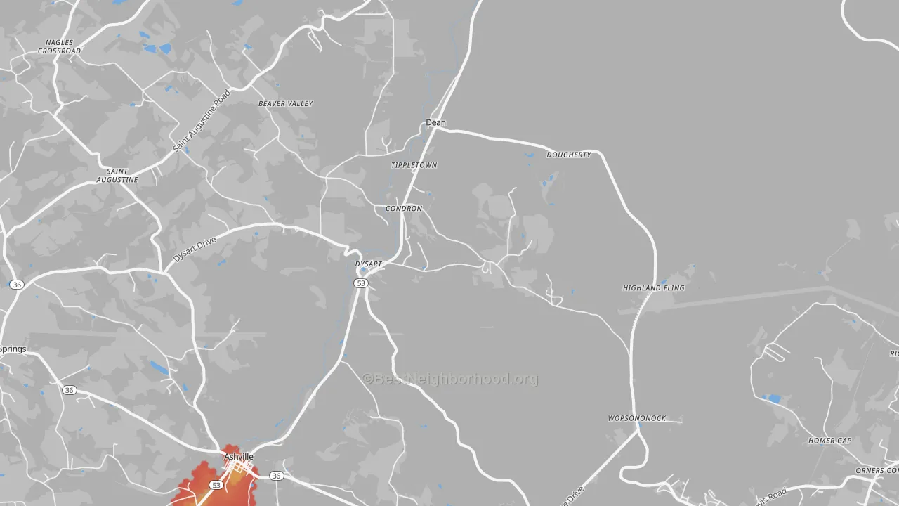 Walk Grade map of Dysart, PA, walkable areas in green and car-dependent areas in red