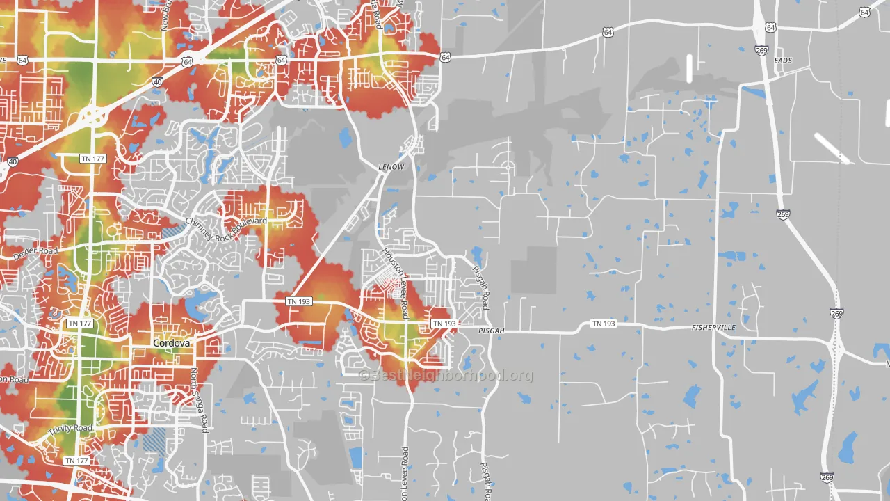 Walk Grade map of Eads-Fisherville, Cordova, TN, walkable areas in green and car-dependent areas in red