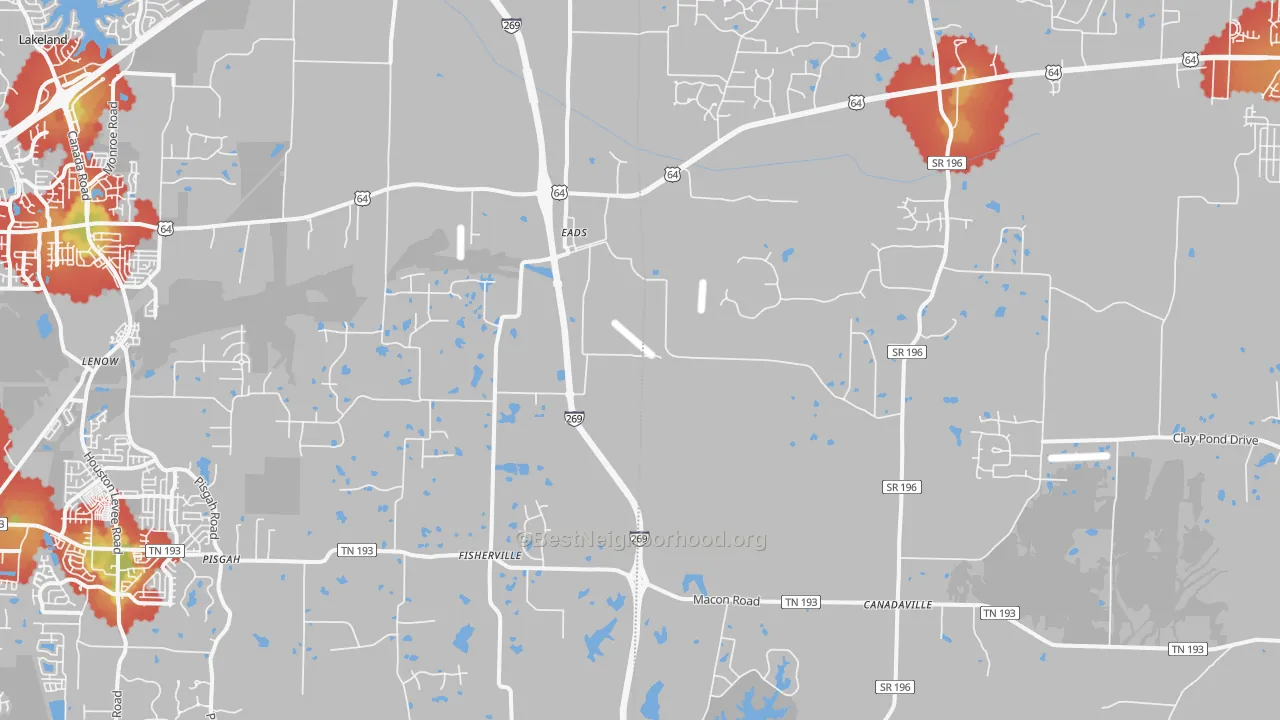 Walk Grade map of Eads, TN, walkable areas in green and car-dependent areas in red
