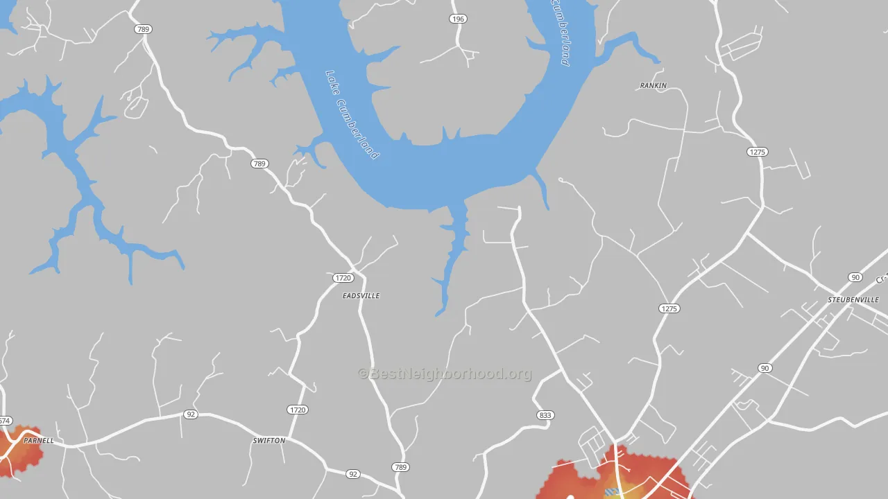 Walk Grade map of Eadsville, KY, walkable areas in green and car-dependent areas in red