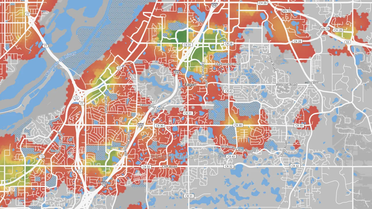 Walk Grade map of Eagan, MN, walkable areas in green and car-dependent areas in red