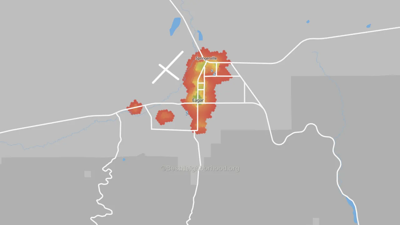 Walk Grade map of Eagar, AZ, walkable areas in green and car-dependent areas in red