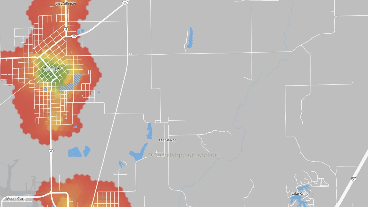 Walk Grade map of Eagarville, IL, walkable areas in green and car-dependent areas in red