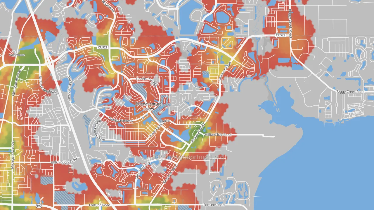 Walk Grade map of Eagle Bay, Kissimmee, FL, walkable areas in green and car-dependent areas in red