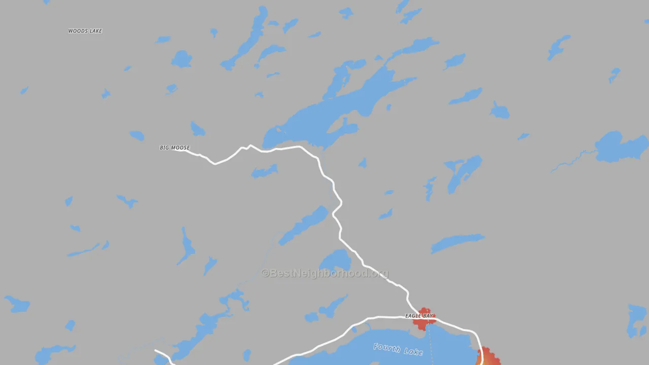 Walk Grade map of Eagle Bay, NY, walkable areas in green and car-dependent areas in red