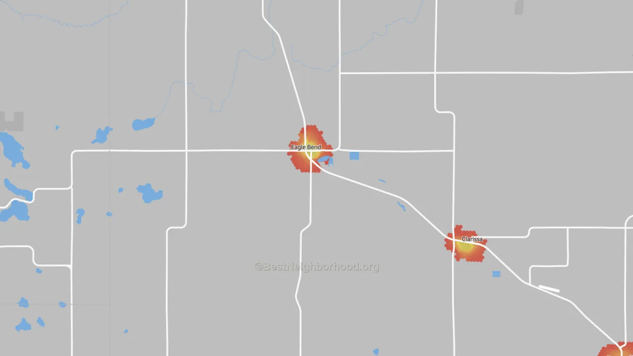 Walk Grade map of Eagle Bend, MN, walkable areas in green and car-dependent areas in red