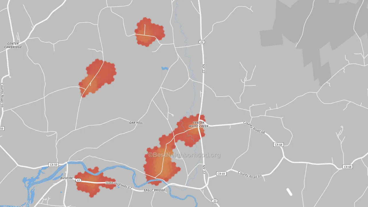 Walk Grade map of Eagle Bridge, NY, walkable areas in green and car-dependent areas in red