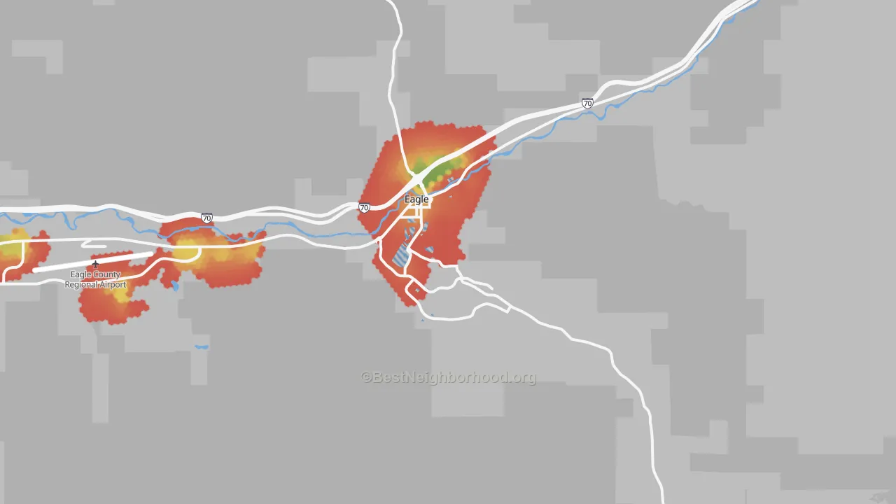 Walk Grade map of Eagle, CO, walkable areas in green and car-dependent areas in red