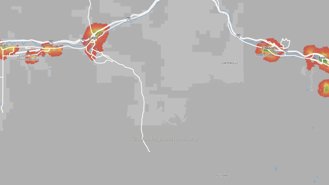 Walk Grade map of Eagle County, CO, walkable areas in green and car-dependent areas in red