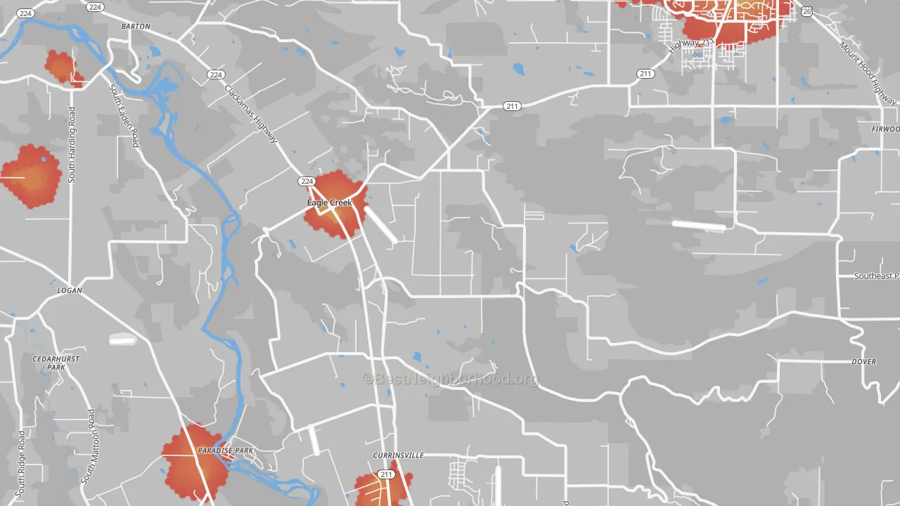 Walk Grade map of Eagle Creek, OR, walkable areas in green and car-dependent areas in red
