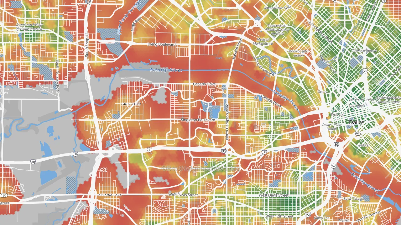 Walk Grade map of Eagle Ford, Dallas, TX, walkable areas in green and car-dependent areas in red