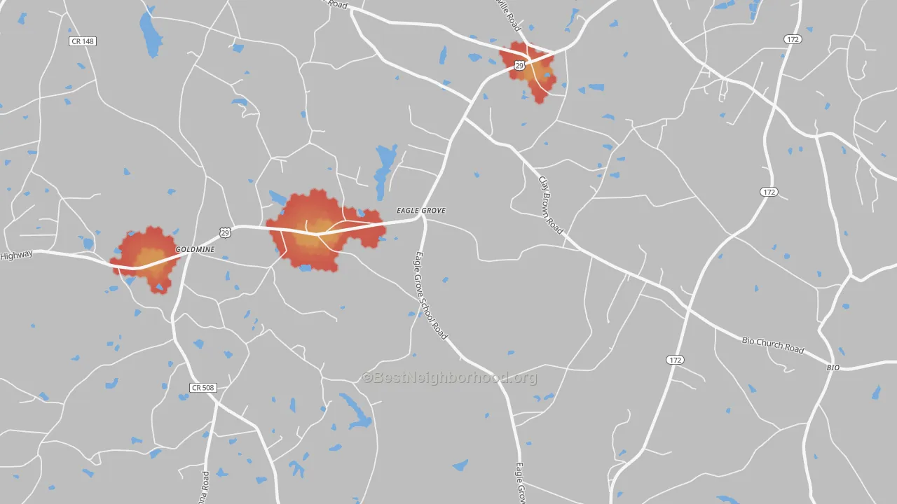 Walk Grade map of Eagle Grove, GA, walkable areas in green and car-dependent areas in red