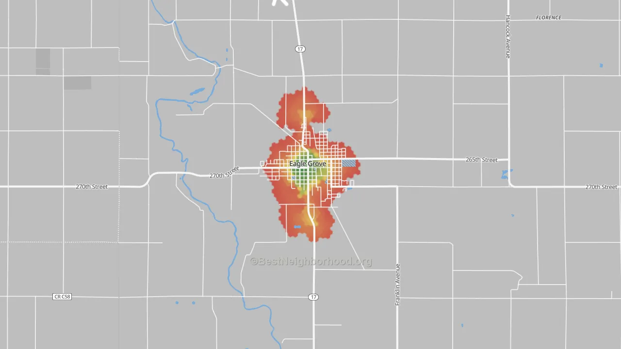 Walk Grade map of Eagle Grove, IA, walkable areas in green and car-dependent areas in red