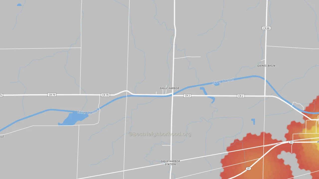 Walk Grade map of Eagle Harbor, NY, walkable areas in green and car-dependent areas in red