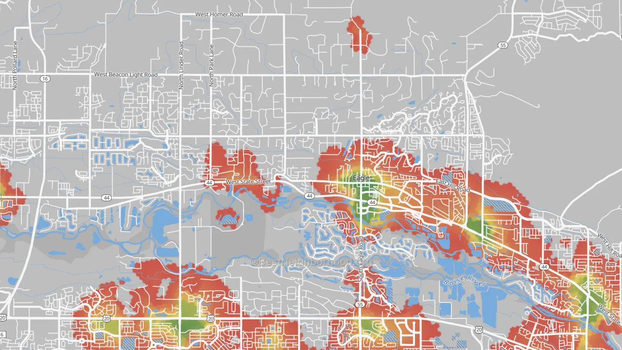 Walk Grade map of Eagle, ID, walkable areas in green and car-dependent areas in red