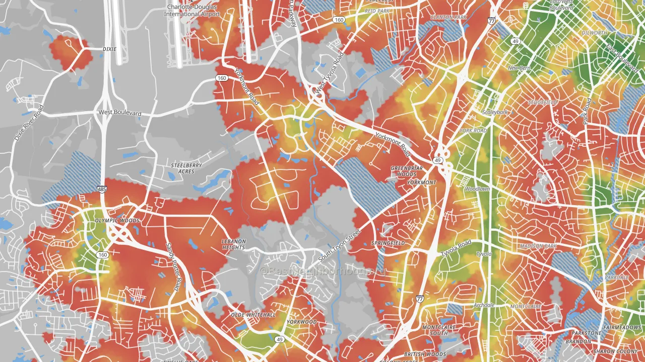 Walk Grade map of Eagle Lake, Charlotte, NC, walkable areas in green and car-dependent areas in red