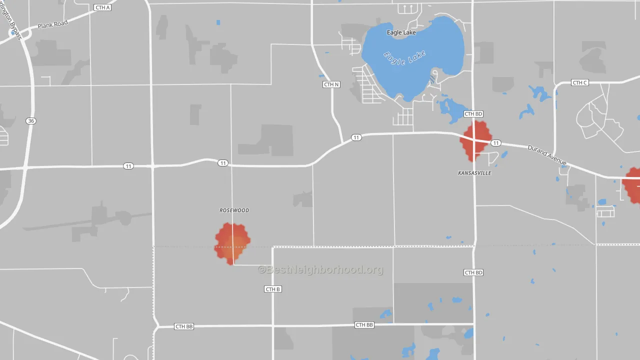Walk Grade map of Eagle Lake Manor, WI, walkable areas in green and car-dependent areas in red