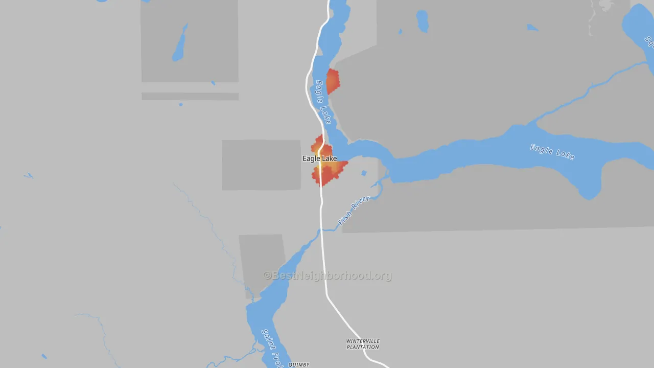 Walk Grade map of Eagle Lake, ME, walkable areas in green and car-dependent areas in red