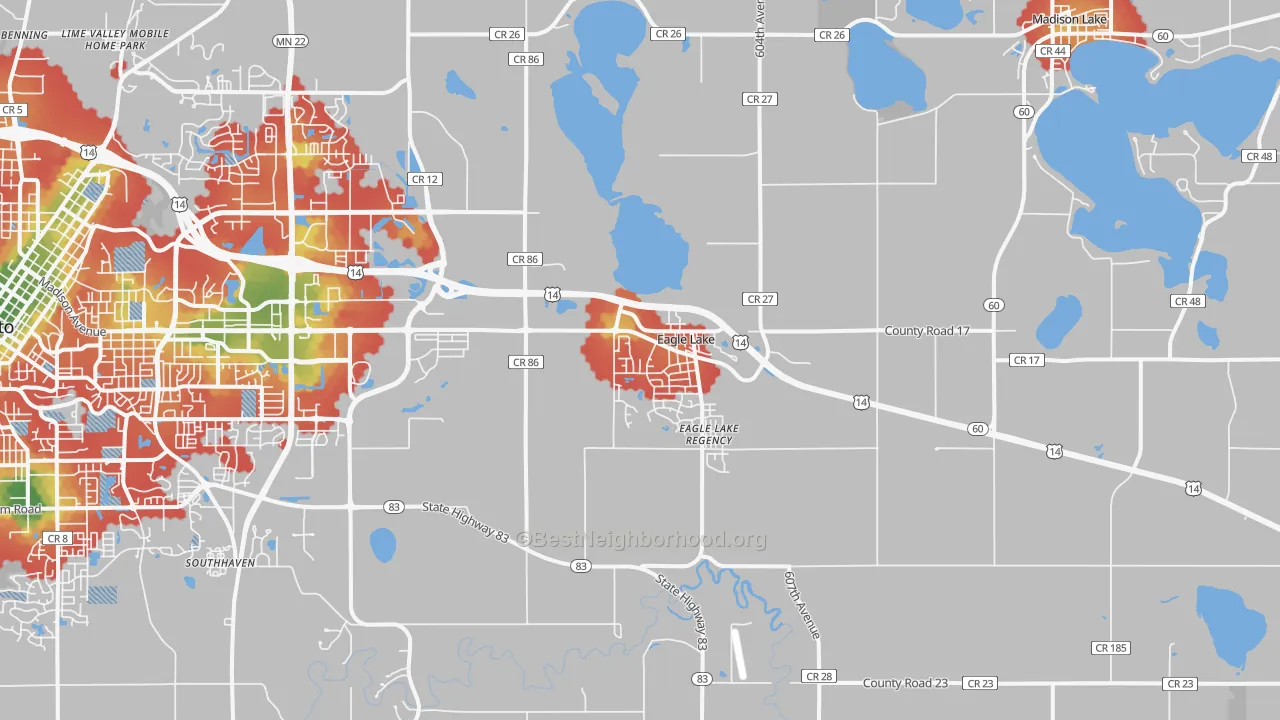 Walk Grade map of Eagle Lake, MN, walkable areas in green and car-dependent areas in red