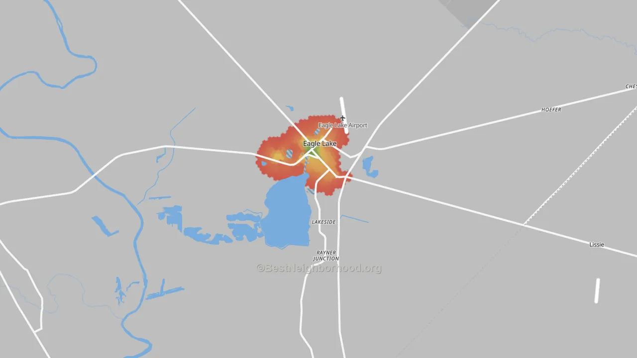 Walk Grade map of Eagle Lake, TX, walkable areas in green and car-dependent areas in red