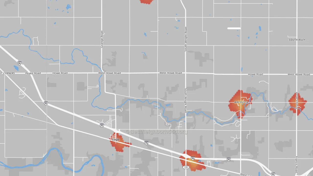 Walk Grade map of Eagle, MI, walkable areas in green and car-dependent areas in red