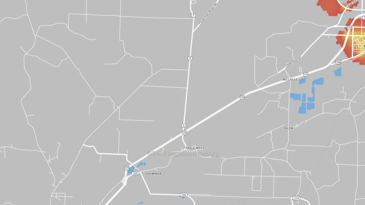 Walk Grade map of Eagle Mills, AR, walkable areas in green and car-dependent areas in red