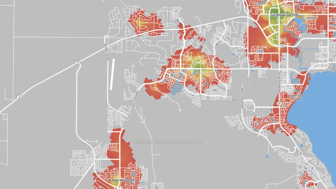 Walk Grade map of Eagle Mountain, UT, walkable areas in green and car-dependent areas in red