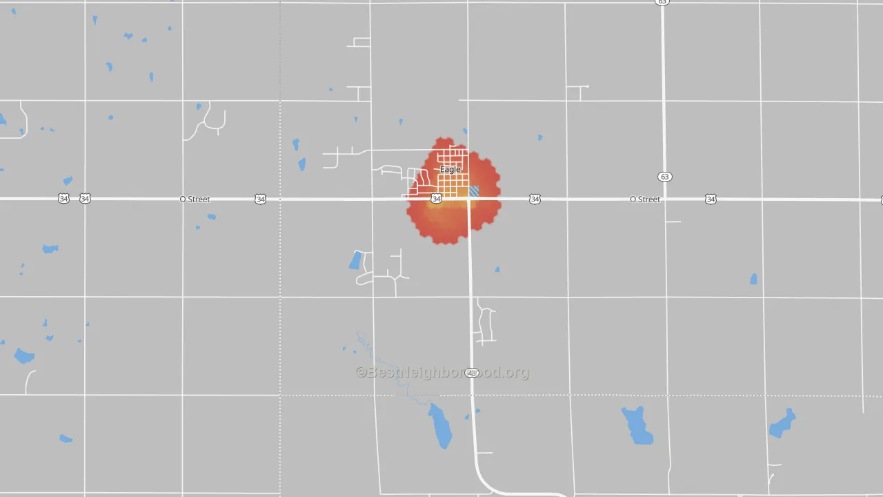 Walk Grade map of Eagle, NE, walkable areas in green and car-dependent areas in red
