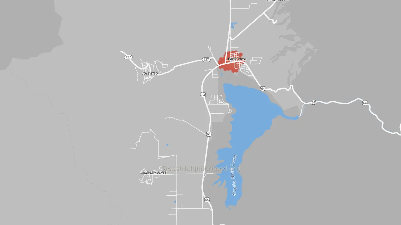 Walk Grade map of Eagle Nest, NM, walkable areas in green and car-dependent areas in red