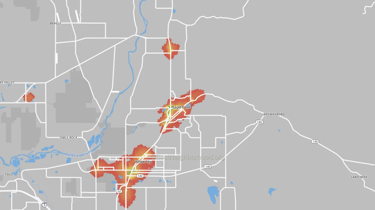 Walk Grade map of Eagle Point, OR, walkable areas in green and car-dependent areas in red