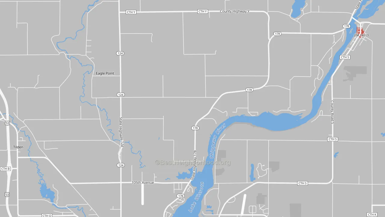 Walk Grade map of Eagle Point, WI, walkable areas in green and car-dependent areas in red