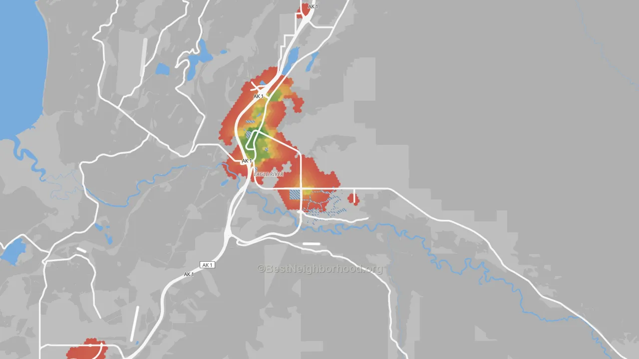 Walk Grade map of Eagle River, AK, walkable areas in green and car-dependent areas in red