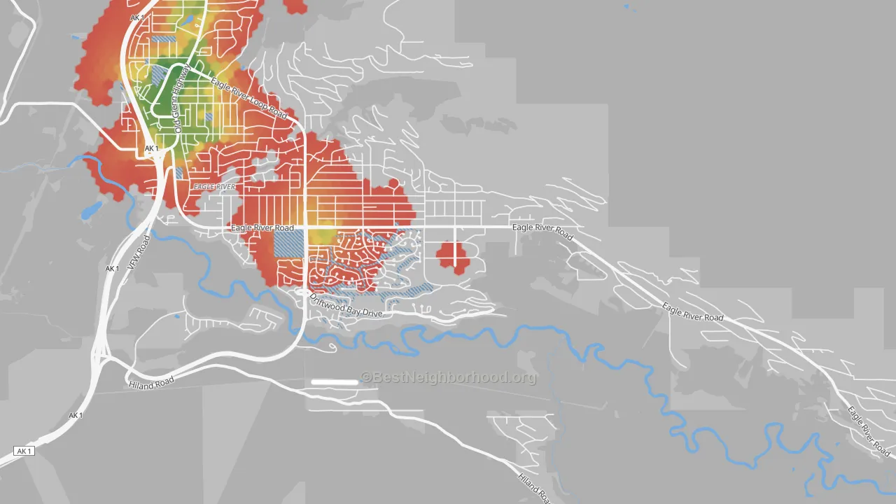 Walk Grade map of Eagle River Valley, Eagle River, AK, walkable areas in green and car-dependent areas in red