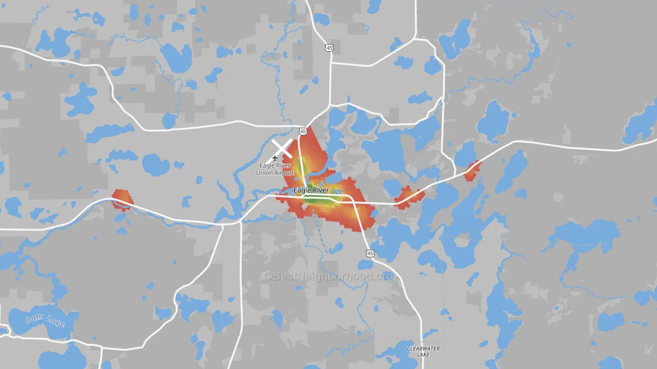 Walk Grade map of Eagle River, WI, walkable areas in green and car-dependent areas in red