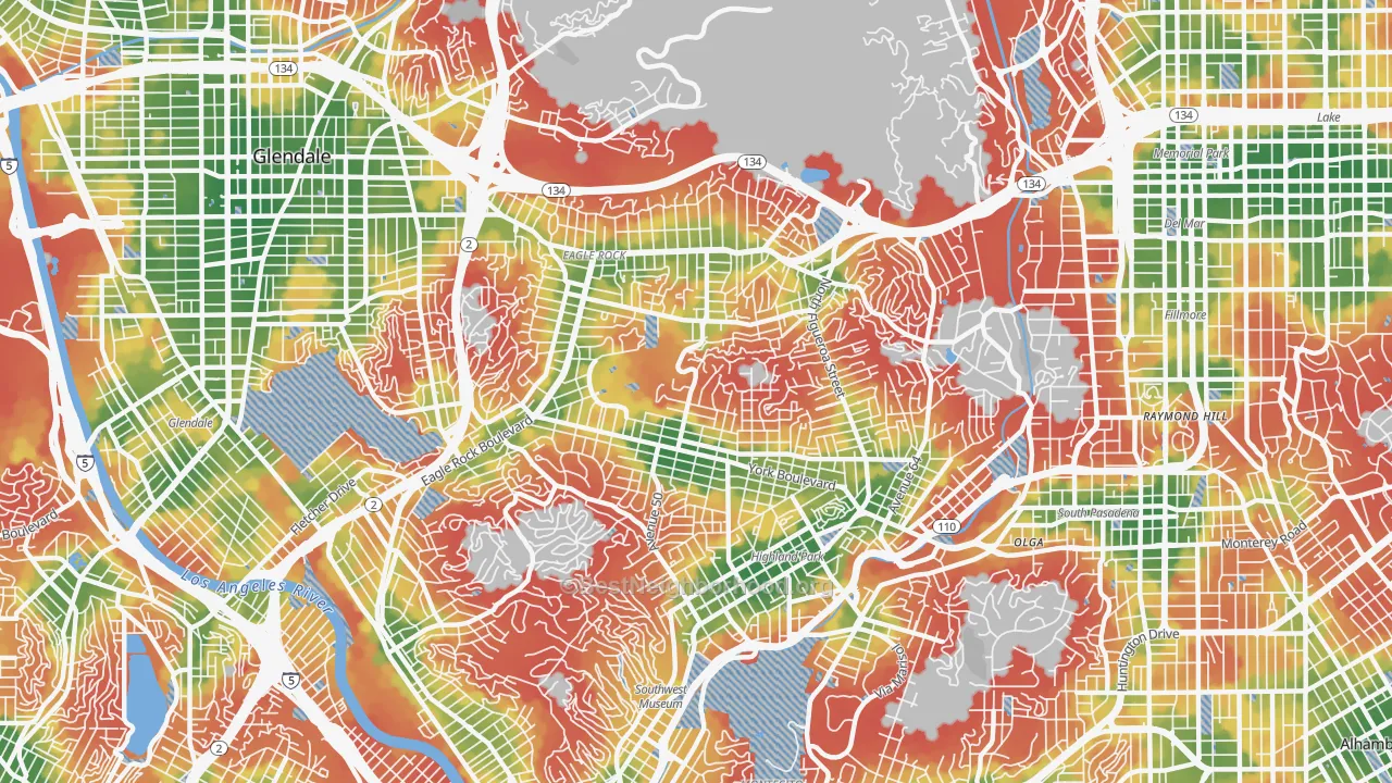 Walk Grade map of Eagle Rock, Los Angeles, CA, walkable areas in green and car-dependent areas in red