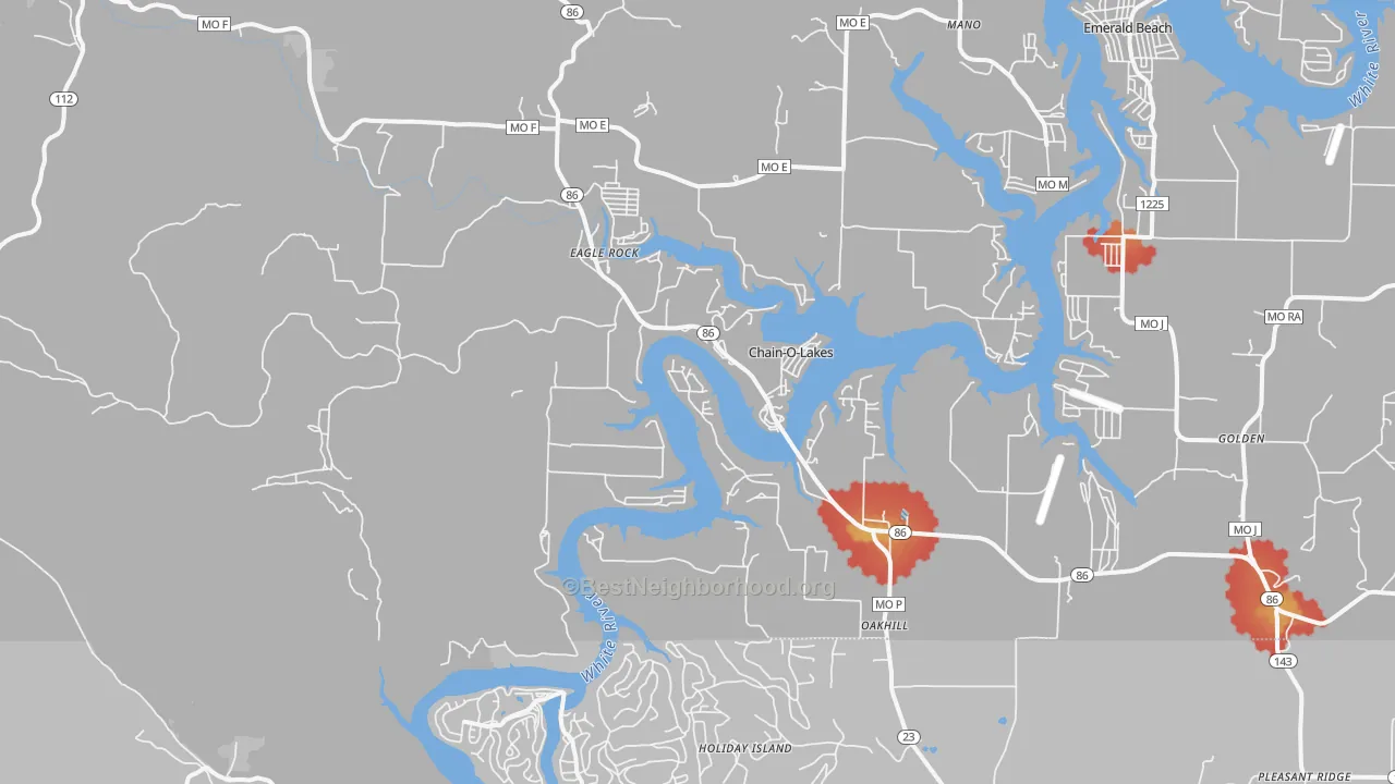 Walk Grade map of Eagle Rock, MO, walkable areas in green and car-dependent areas in red